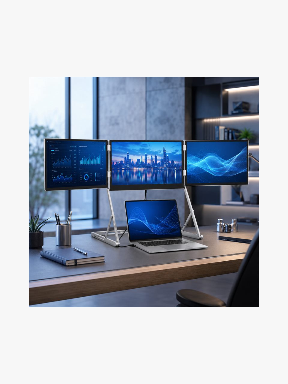 EfficFold triple display workstation for data and city workflows