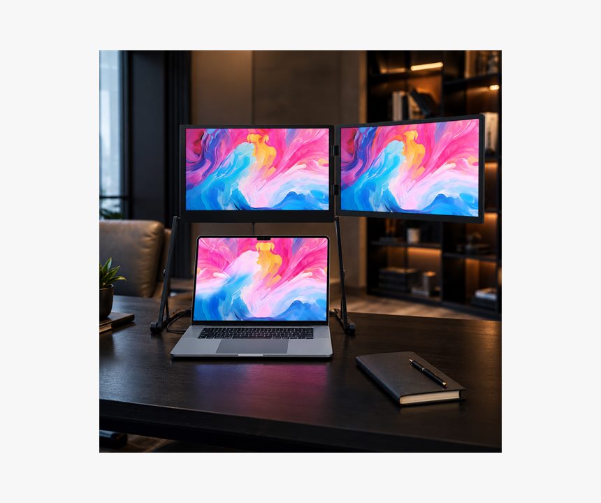 EfficFold triple screen setup in a premium dark office